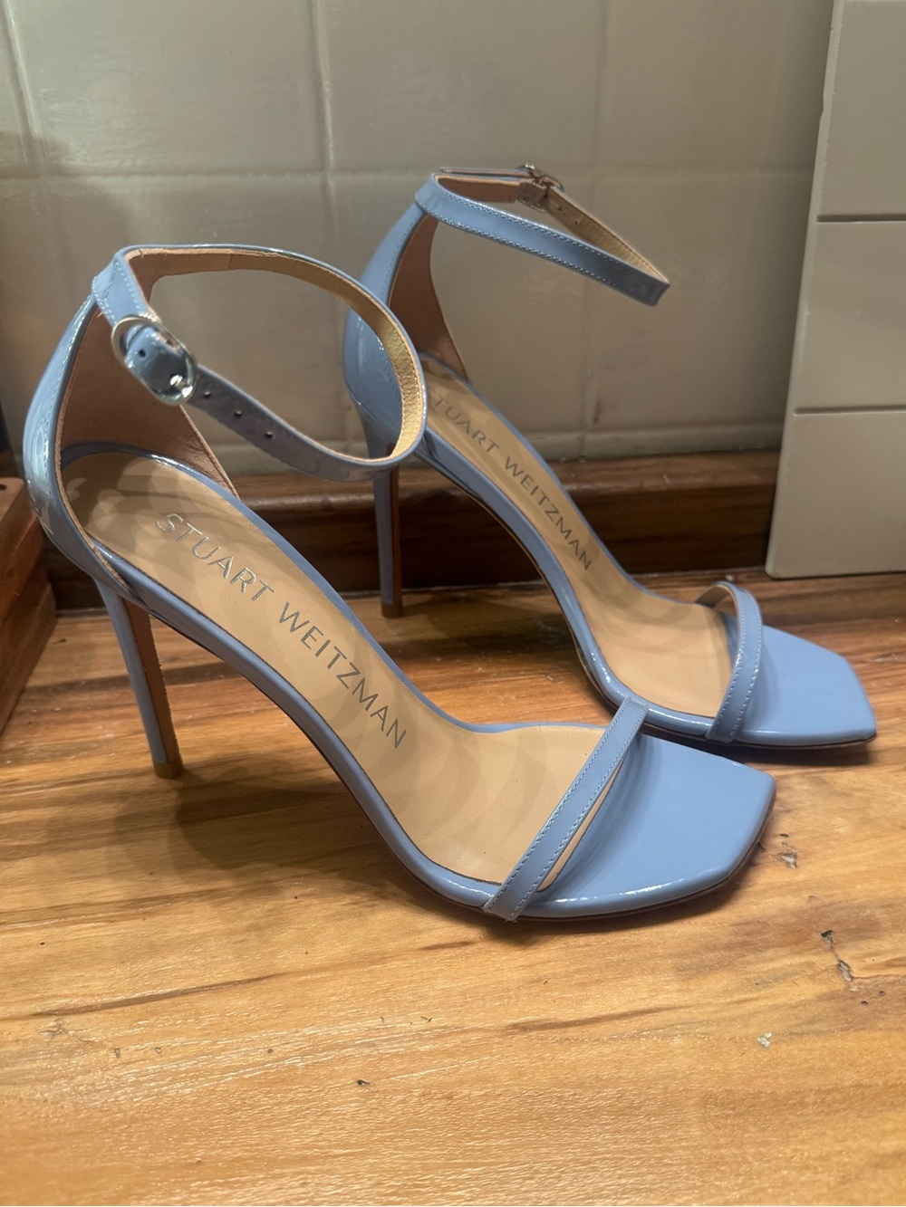 Stuart Weitzman Powder Blue Patent Ankle-Strap Stilettos